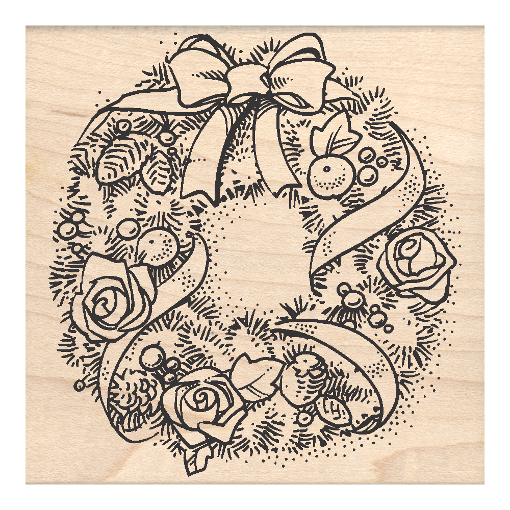 Wreath Christmas Rubber Stamp 3" x 3.25" block