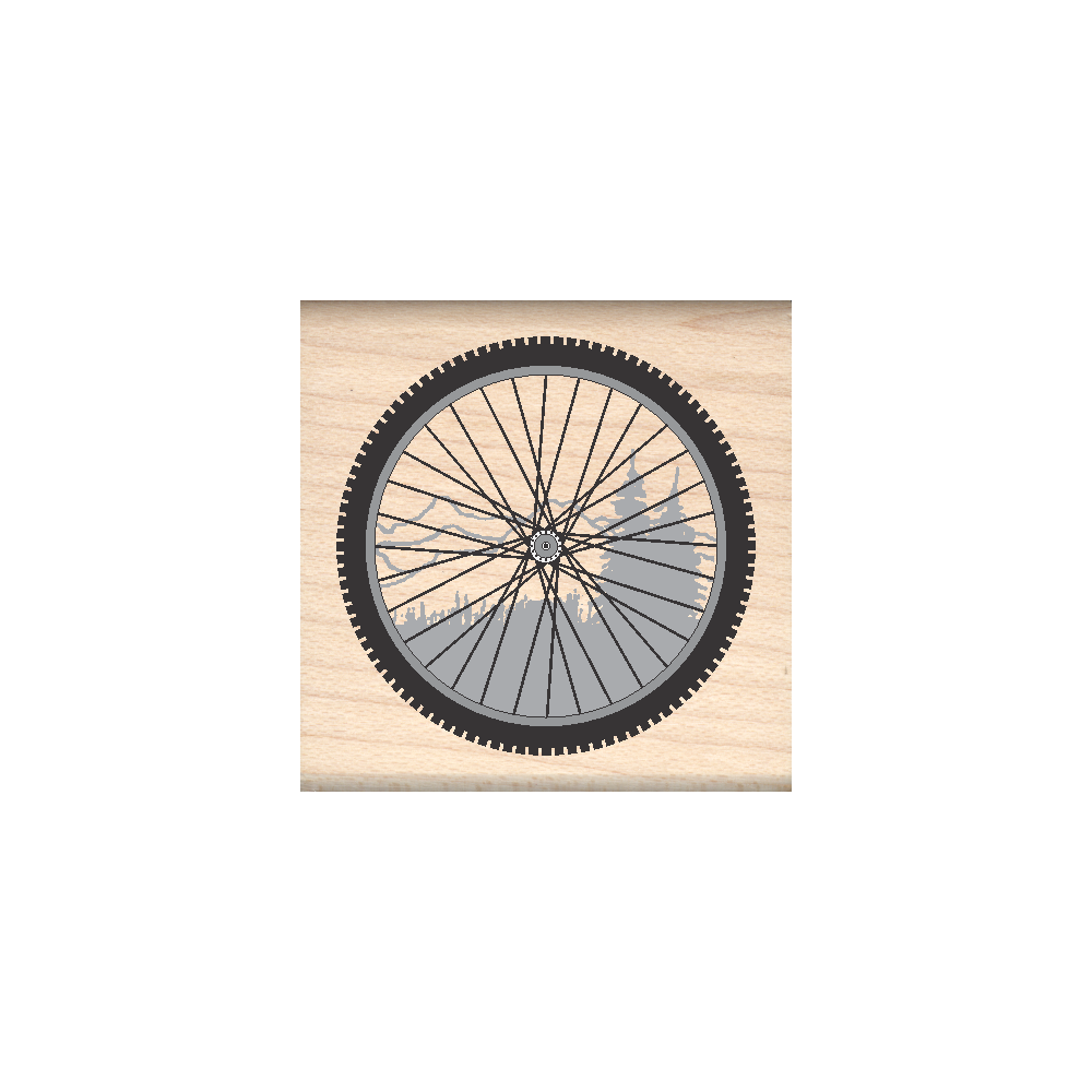 Mountain Bike Wheel Rubber Stamp 1.5" x 1.5" block