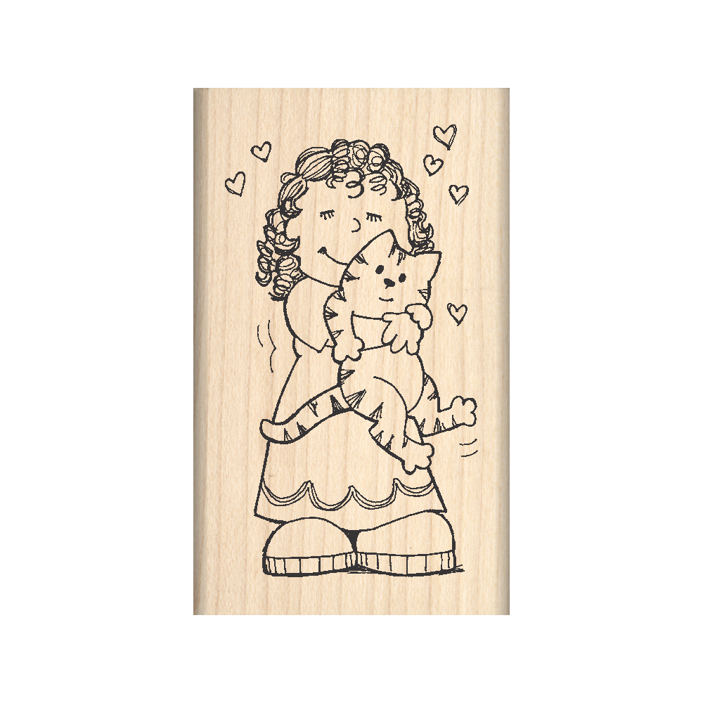 Girl & Cat Rubber Stamp 1.5" x 2.5" block