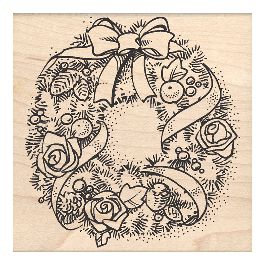Wreath Christmas Rubber Stamp 3" x 3.25" block