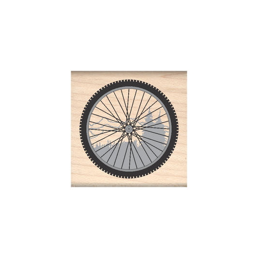 Mountain Bike Wheel Rubber Stamp 1.5" x 1.5" block