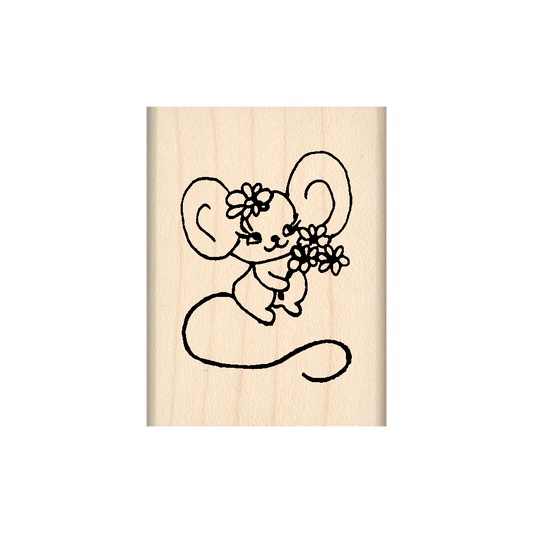 Flower Mouse Rubber Stamp 1.5" x 2" block