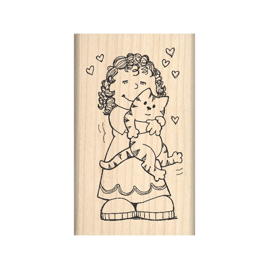 Girl & Cat Rubber Stamp 1.5" x 2.5" block